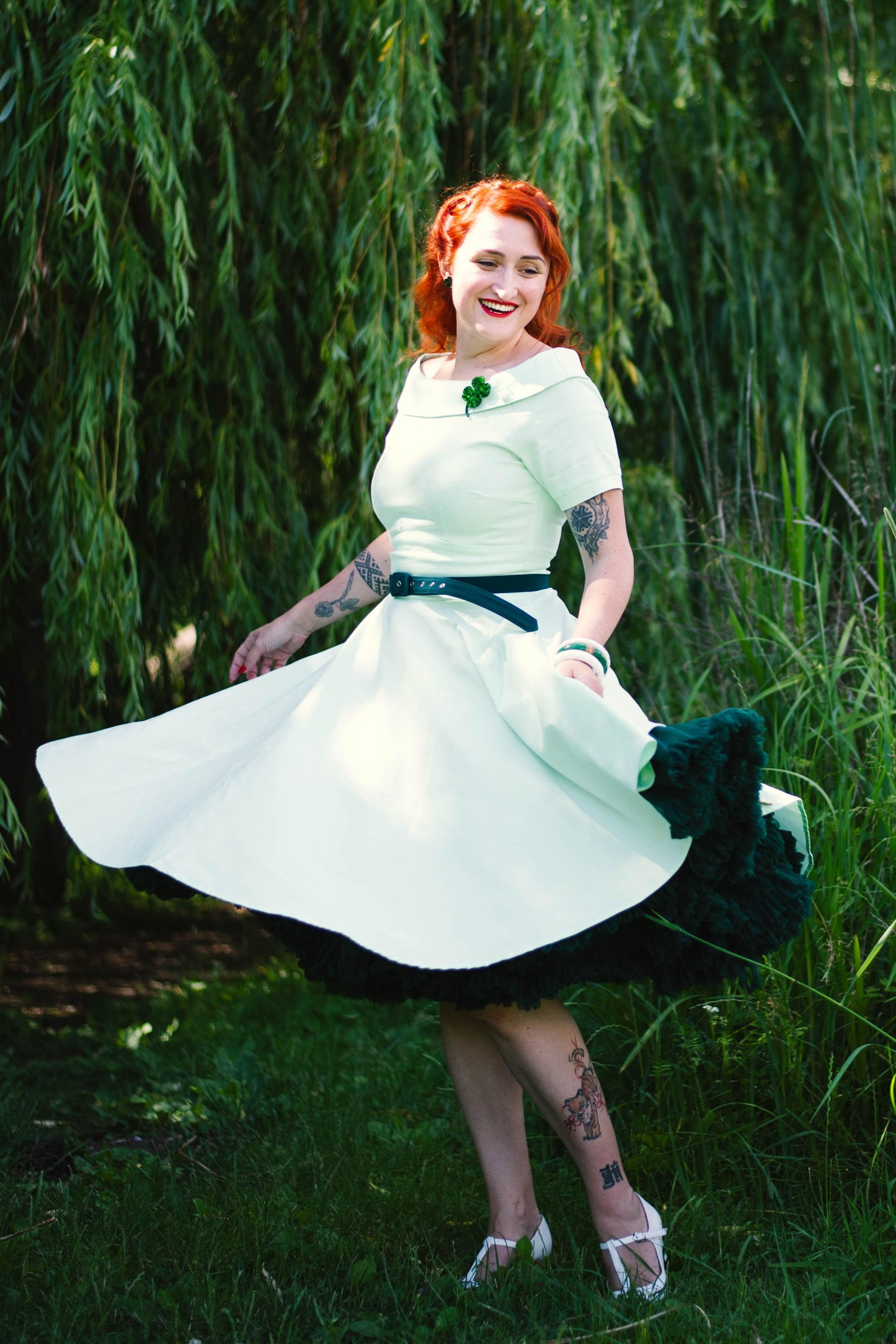 Darlene Light Green Roll Collar Circle Dress