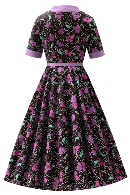 Mollie Purple Floral Full Circle Shirt Dress In Black