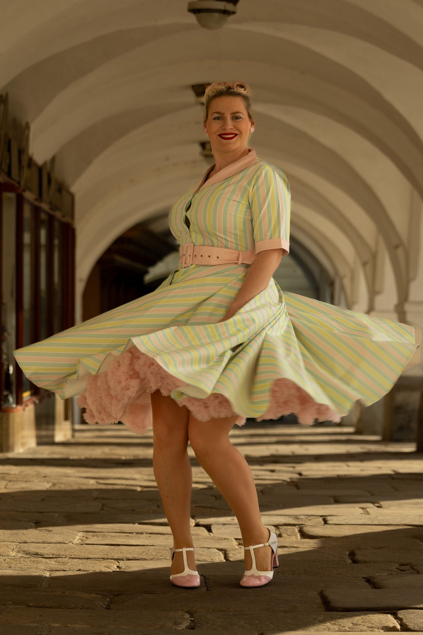 Mollie Pink Striped Full Circle Shirt Dress