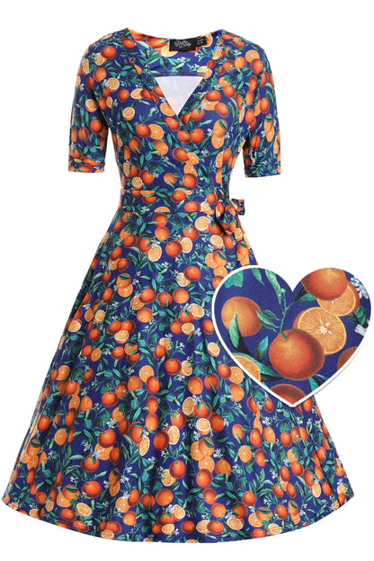 Matilda Navy Orange Branch Wrap Dress