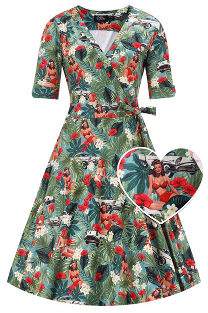 Matilda Hawaiian Pinup Girl Wrap Dress
