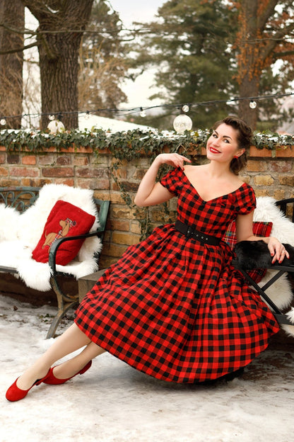 Lily Red Check Off Shoulder Dress