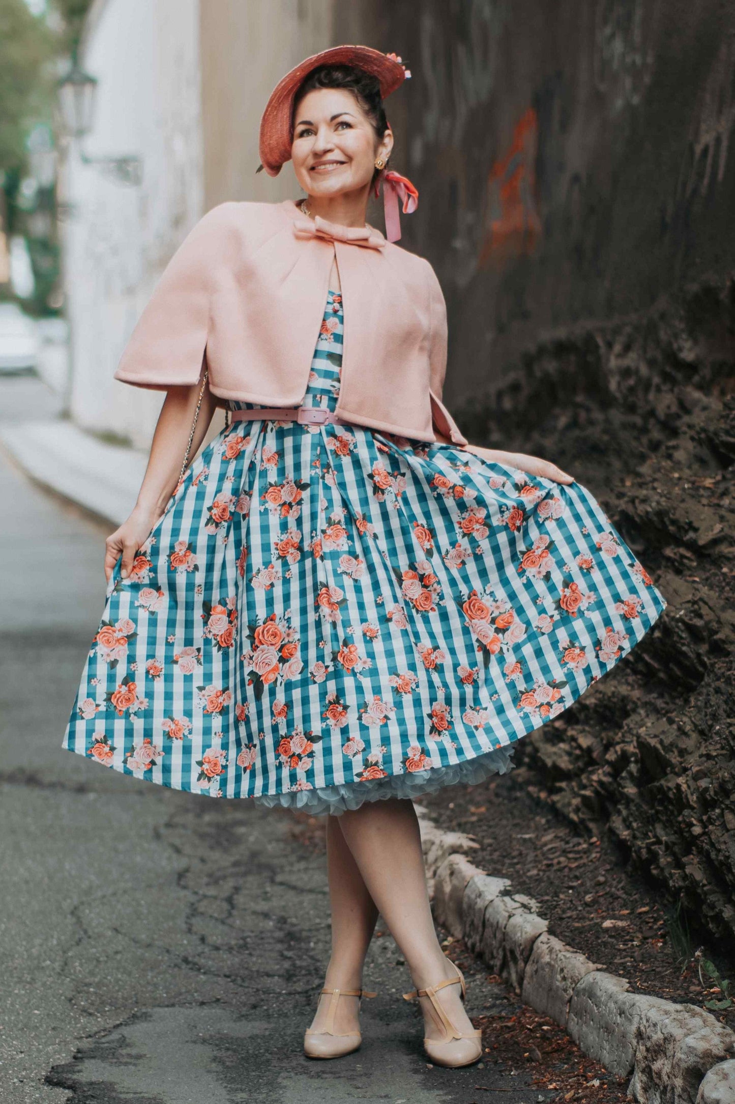 Lily Floral Off Shoulder Dress In Blue Gingham