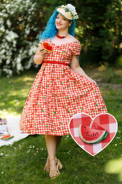 Lily Watermelon Gingham Off Shoulder Dress