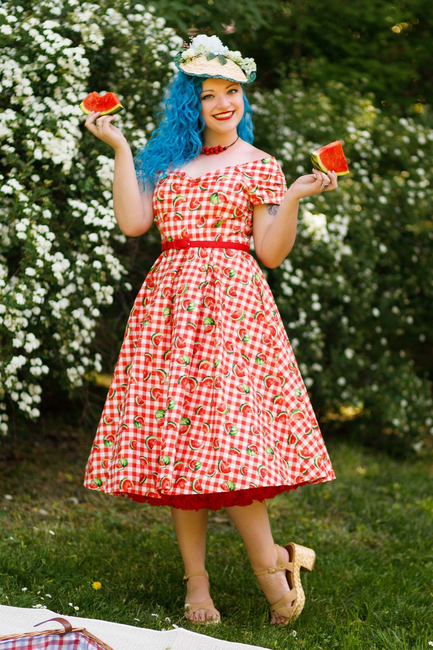 Lily Watermelon Gingham Off Shoulder Dress