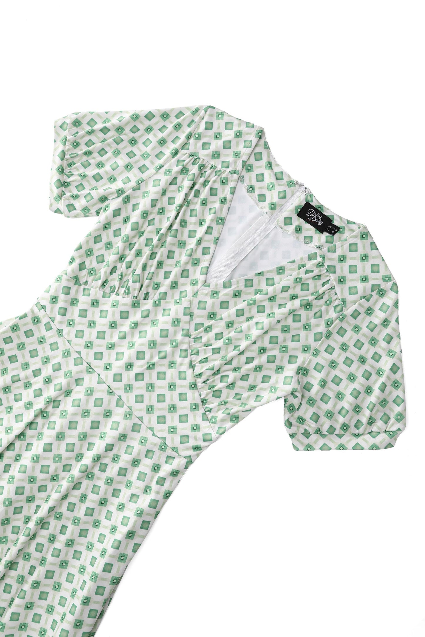 Julia 40s Green Midi Dress In Geometric Diamond Print