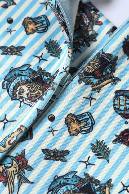 Amanda Blue Striped Flared Dress in Nautical Print