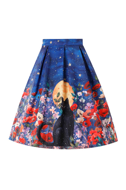 Aisley Black Cat Midnight Garden Pleated Midi Skirt