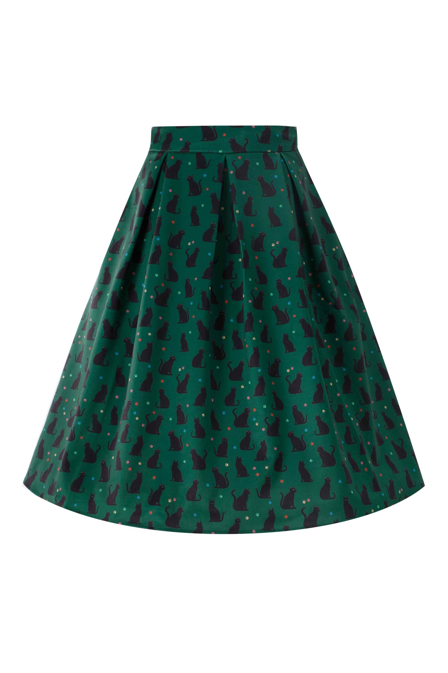Aisley Black Cat Pleated Midi Skirt In Green