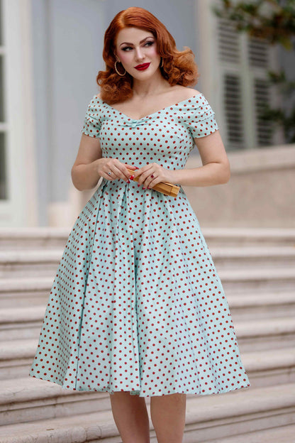 Lily Baby Blue Off-Shoulder Dress with Red Polka Dots