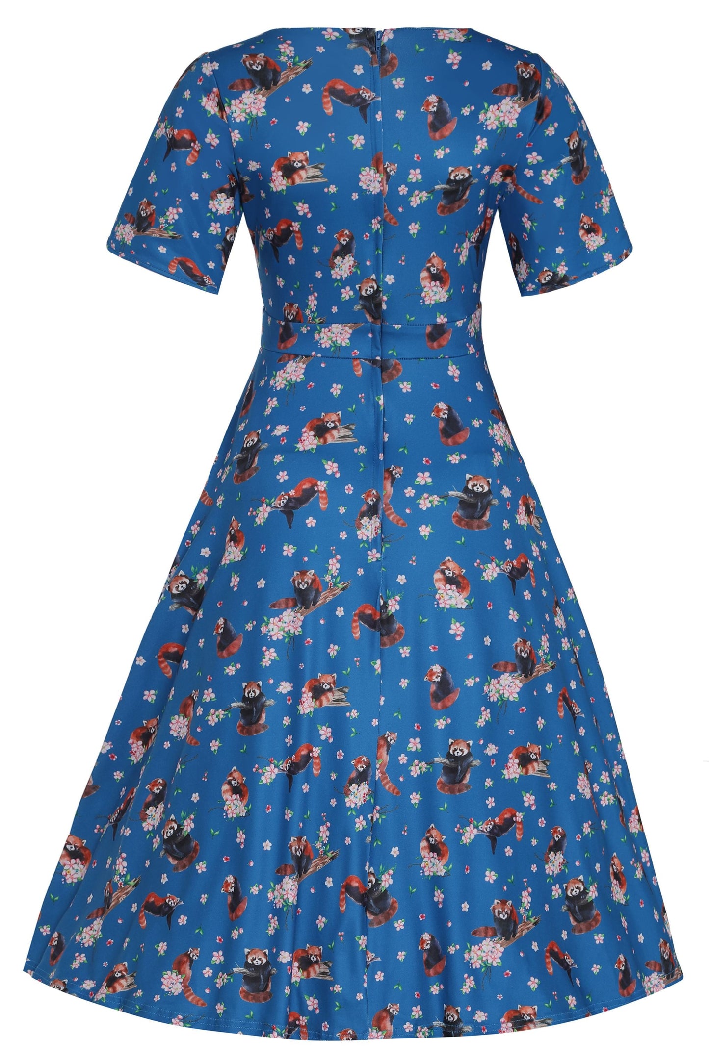 Janice Blue Short Sleeved Tea Dress in Red Panda Print