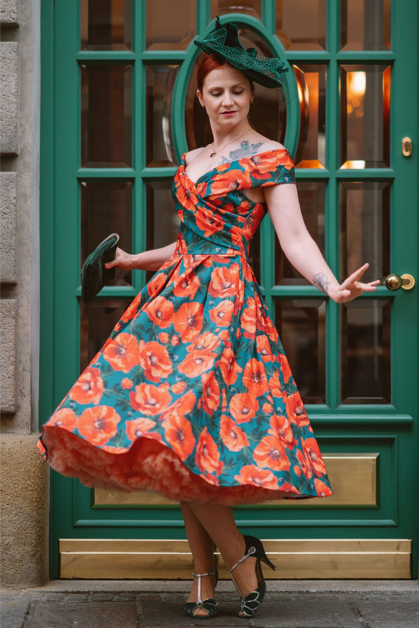 Beverly Orange Poppy Off Shoulder Dress In Green