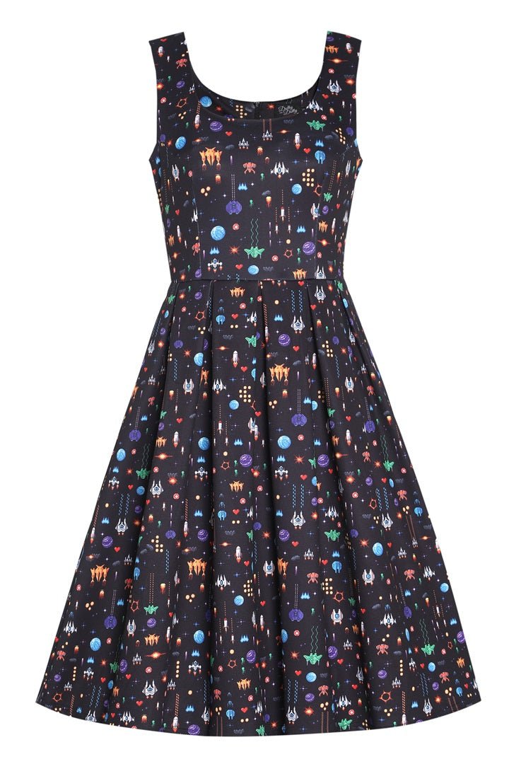Amanda Black Retro Arcade Game Flared Dress
