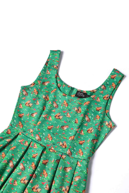 Amanda Green Flared Dress in Capybara Watermelon Print
