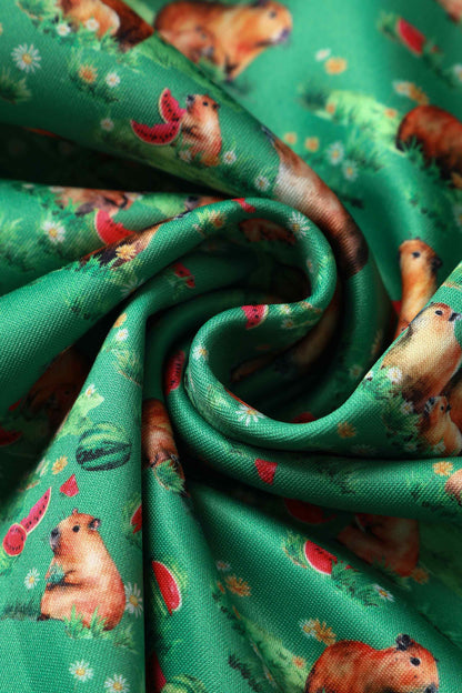 Amanda Green Flared Dress in Capybara Watermelon Print