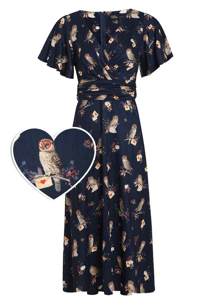 Donna Crossover Bust Oxford Blue Owls and Letters Dress