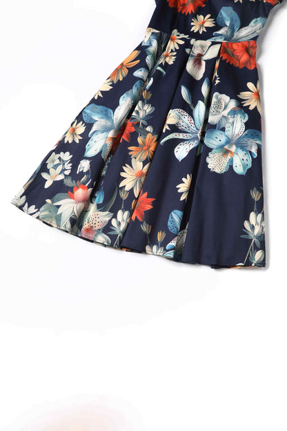 Lily Floral Bunch Off Shoulder Dress In Navy Blue