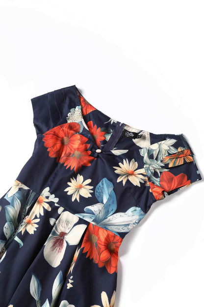 Lily Floral Bunch Off Shoulder Dress In Navy Blue