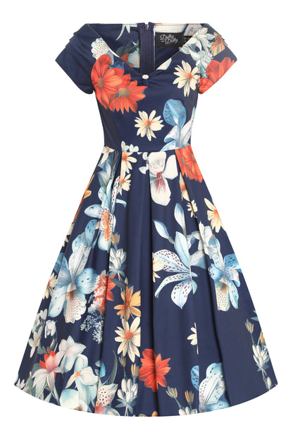 Lily Floral Bunch Off Shoulder Dress In Navy Blue