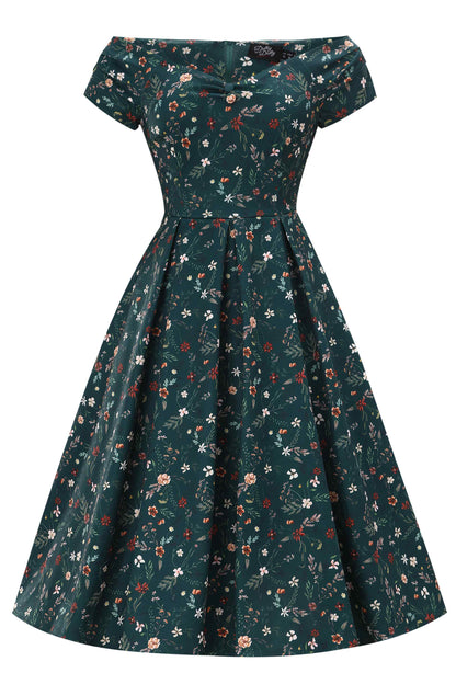 Lily Green Ditsy Floral Off Shoulder Flared Dress