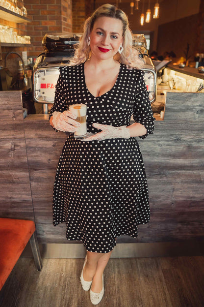 Katherine Long Sleeve 50s Style Swing Dress in Black Polka