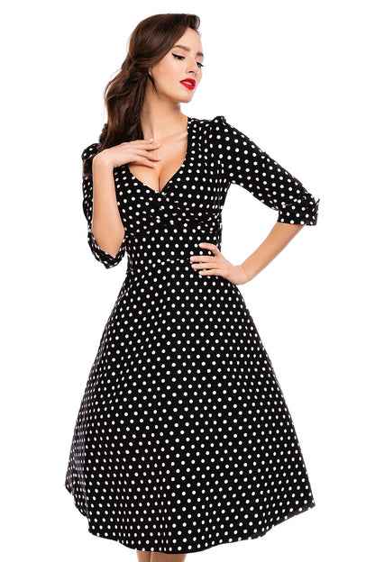 Katherine Long Sleeve 50s Style Swing Dress in Black Polka