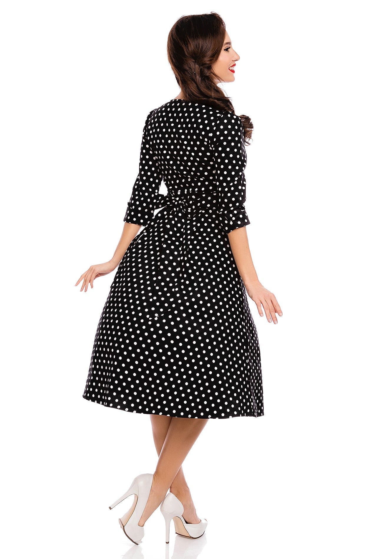 Katherine Long Sleeve 50s Style Swing Dress in Black Polka