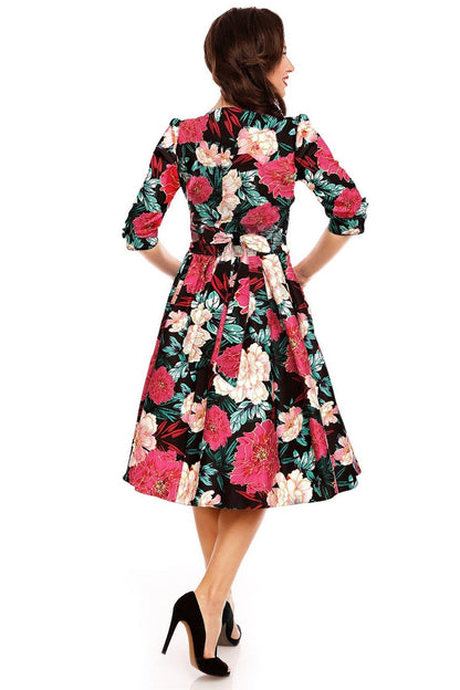 Katherine Long Sleeve 50s Swing Dress in Black-Pink-Gold Floral