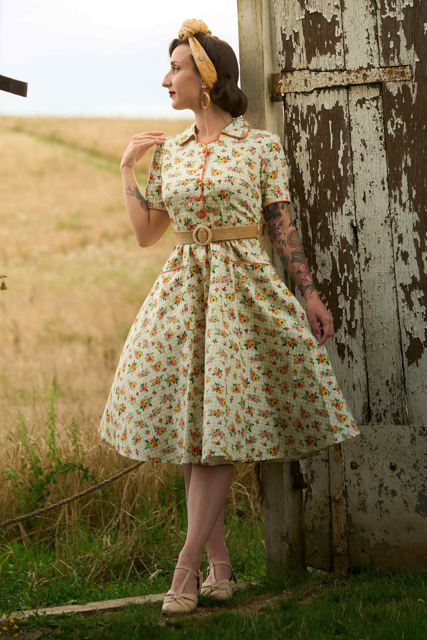 Mabel Retro Floral Midi Shirt Dress