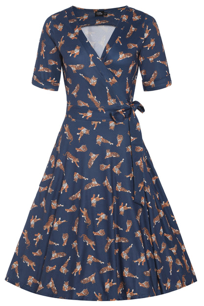 Matilda Navy Blue Tiger Print Wrap Dress
