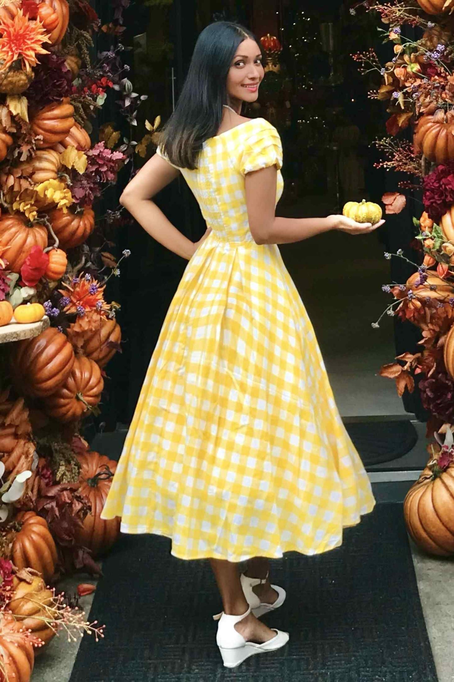 Lily Off Shoulder Yellow Gingham Dress