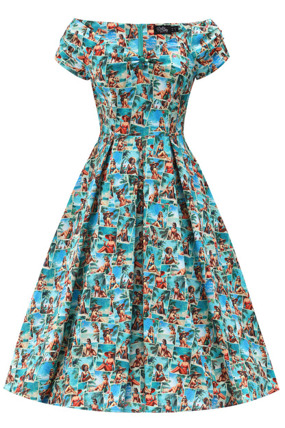 Lily Pinup Postcard Off Shoulder Dress