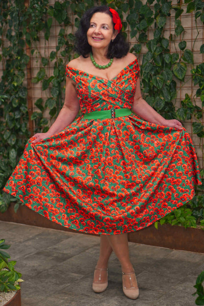 Beverly Red Poppy Garden Off Shoulder Dress