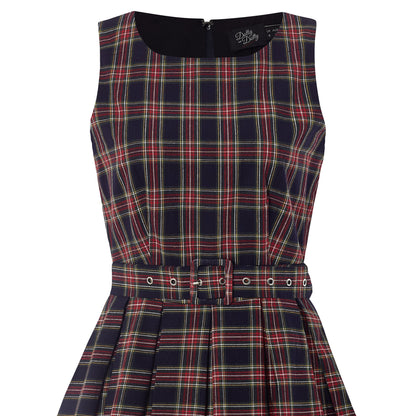 Annie Retro Check Swing Dress in Dark Blue & Red