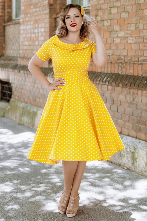 Darlene Retro Yellow Polka Dot Swing Dress