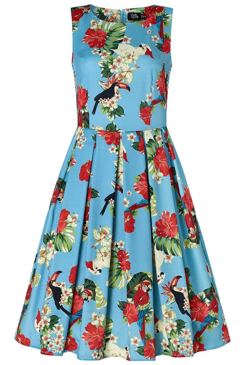 Annie Pecan, Parrot & Leaf Print 1950 Inspired Dress in Sky Blue with Pockets