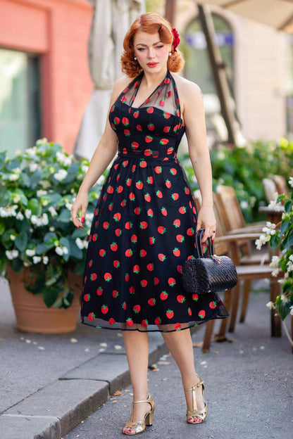 Dorothea Strawberry Black Mesh Halter Dress