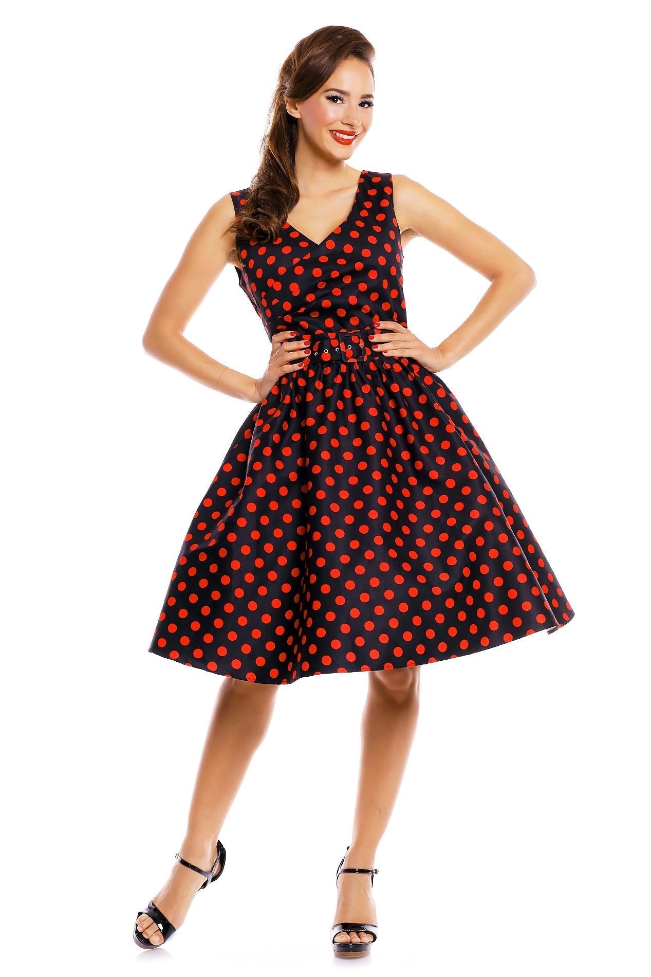 May V-neck 50s Style Spot Dress in Black-Red