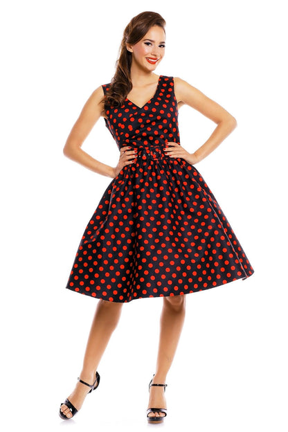 May V-neck 50s Style Spot Dress in Black-Red