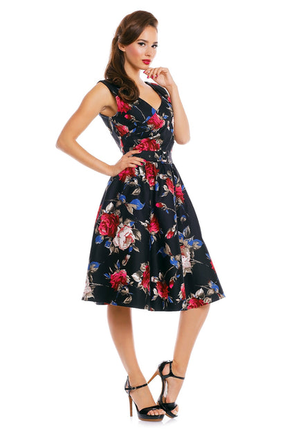 May V-neck 50s Style Swing Dress in Black-Red Floral