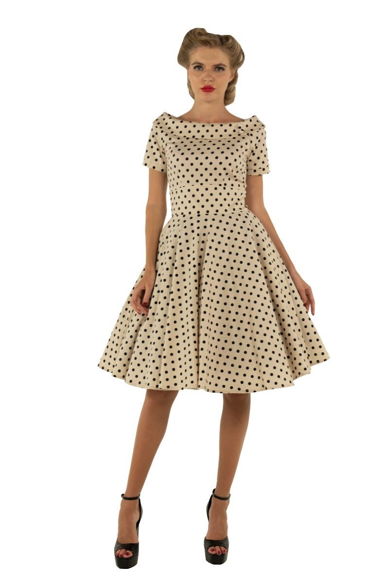 Darlene Retro Polka Dot Swing Dress in Beige