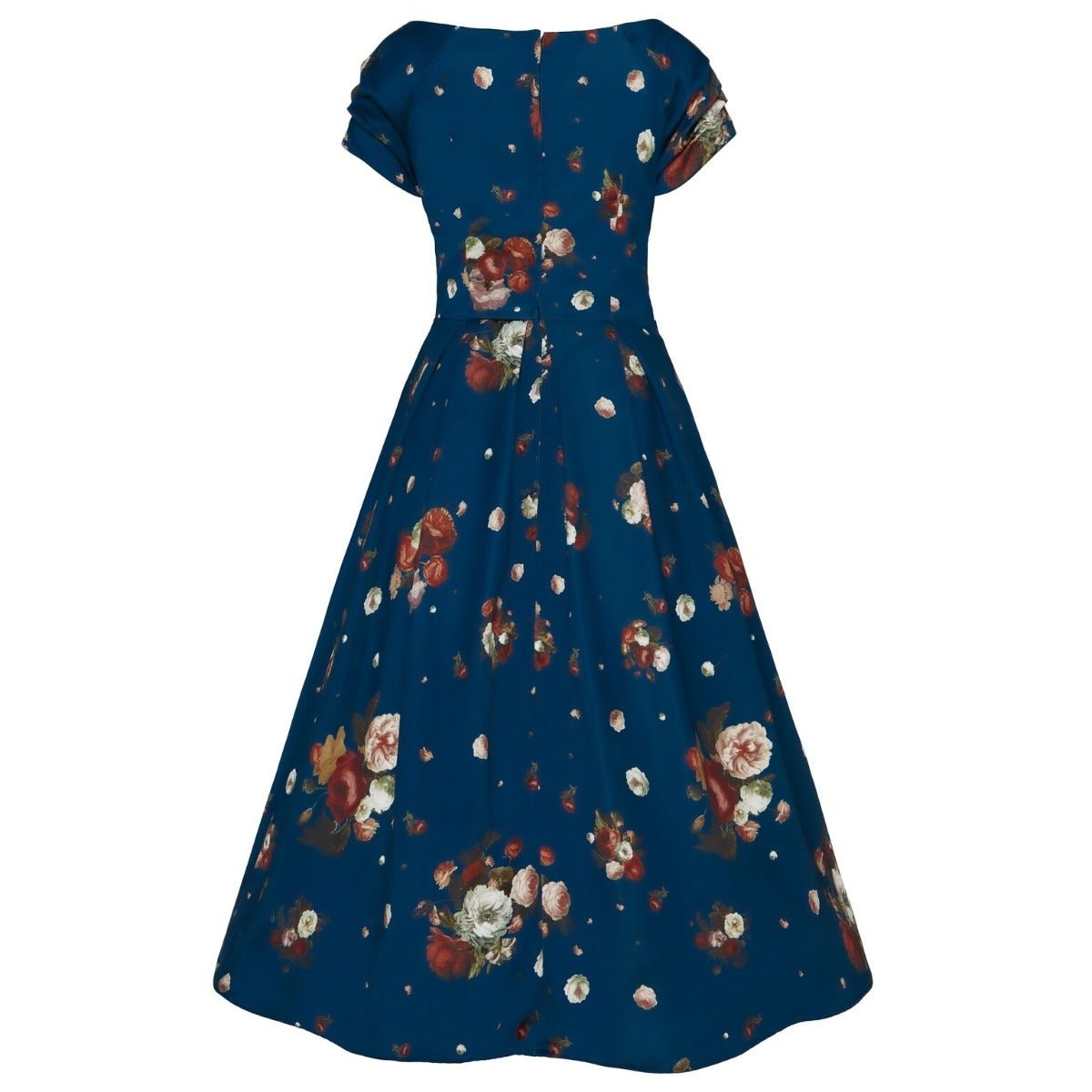 Lily Off-Shoulder 50's Dress in Blue Floral Roses Print