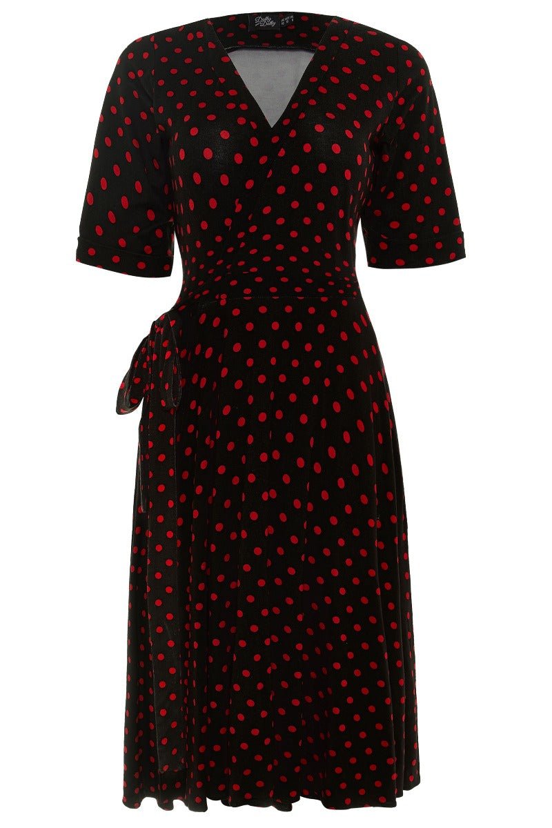 Matilda Retro Wrap Dress in Black-Red Polka dot