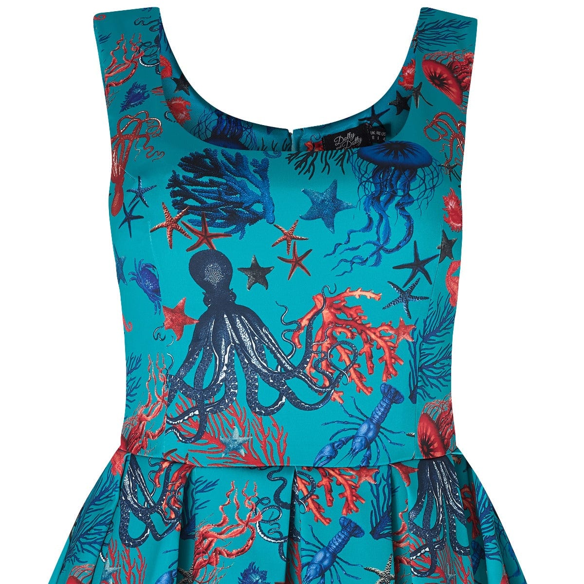 Amanda Aquarium Sea Life Print Flared Dress in Blue/Red