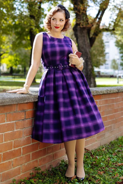 Annie Vintage Black/Purple Tartan Check Swing Dress