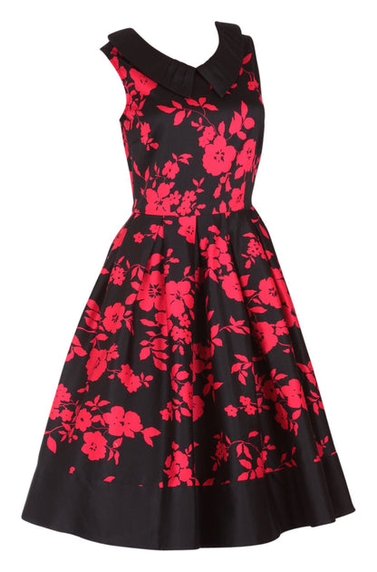 Hazel vintage Inspired Swing Dress in Black-Red Floral