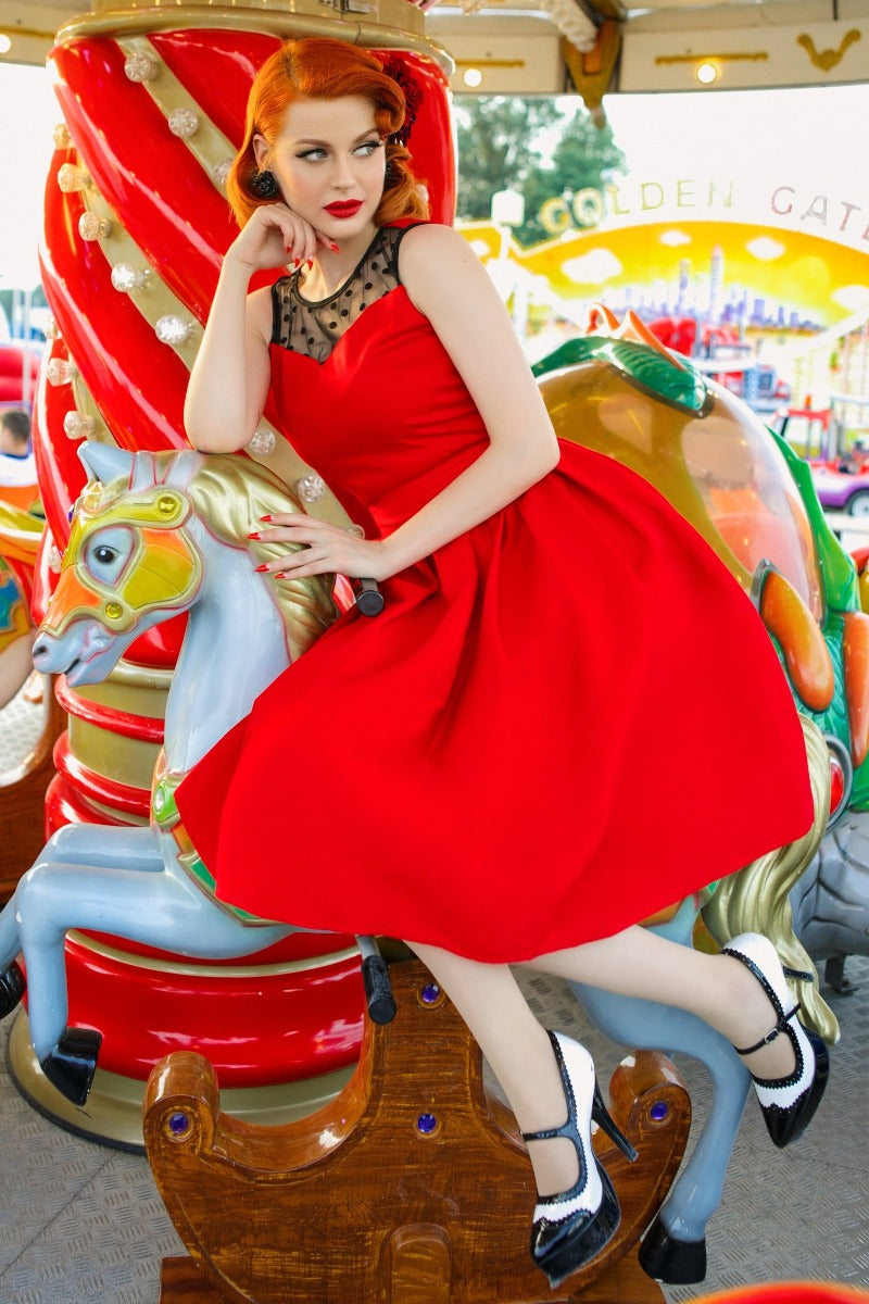 Elizabeth Vintage Style Swing Party Dress in Red - Black